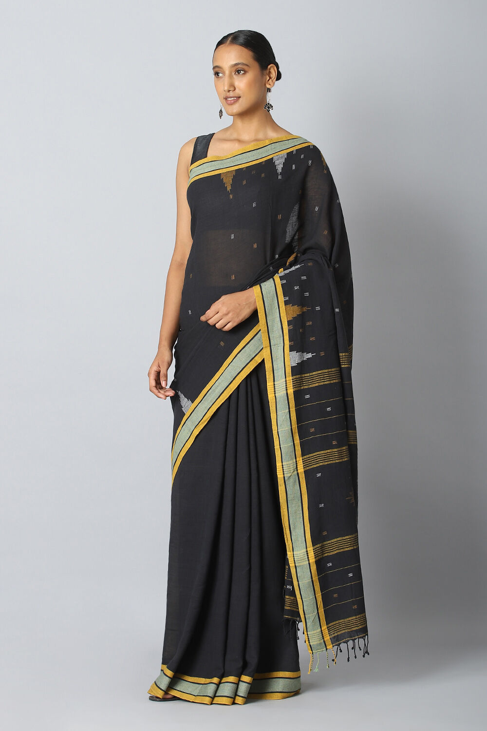 Black Pure Khadi Cotton Jamdani Saree image number null