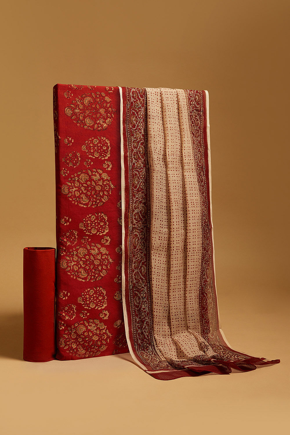 Red Bagru Block Printed Pure Cotton Unstitched Suit Set image number null