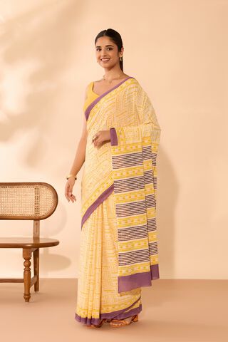 Light Yellow Mulmul Block Printed Bengal Saree thumbnail image number null