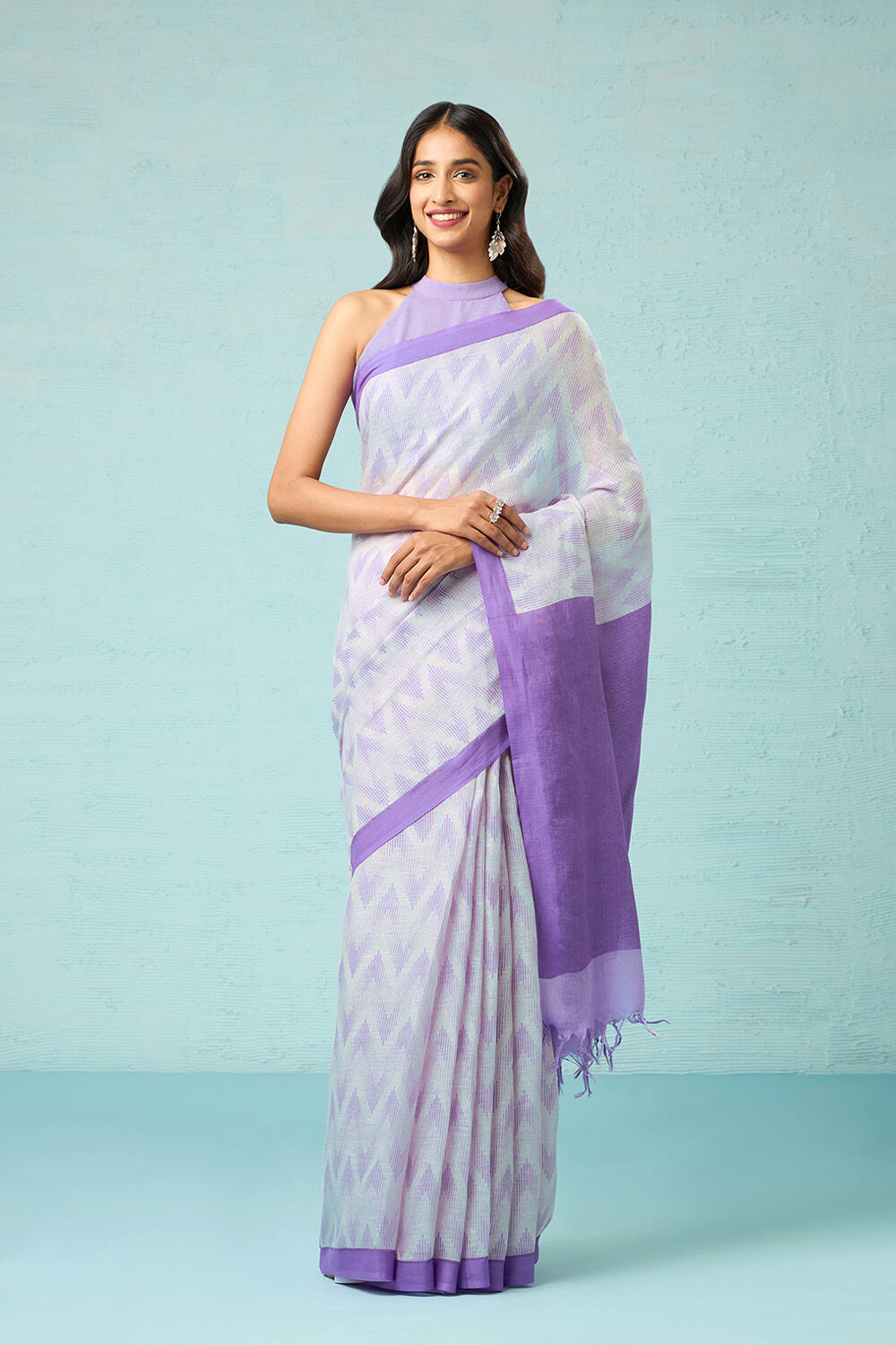 Purple Screen Printed Pure Linen Saree image number null