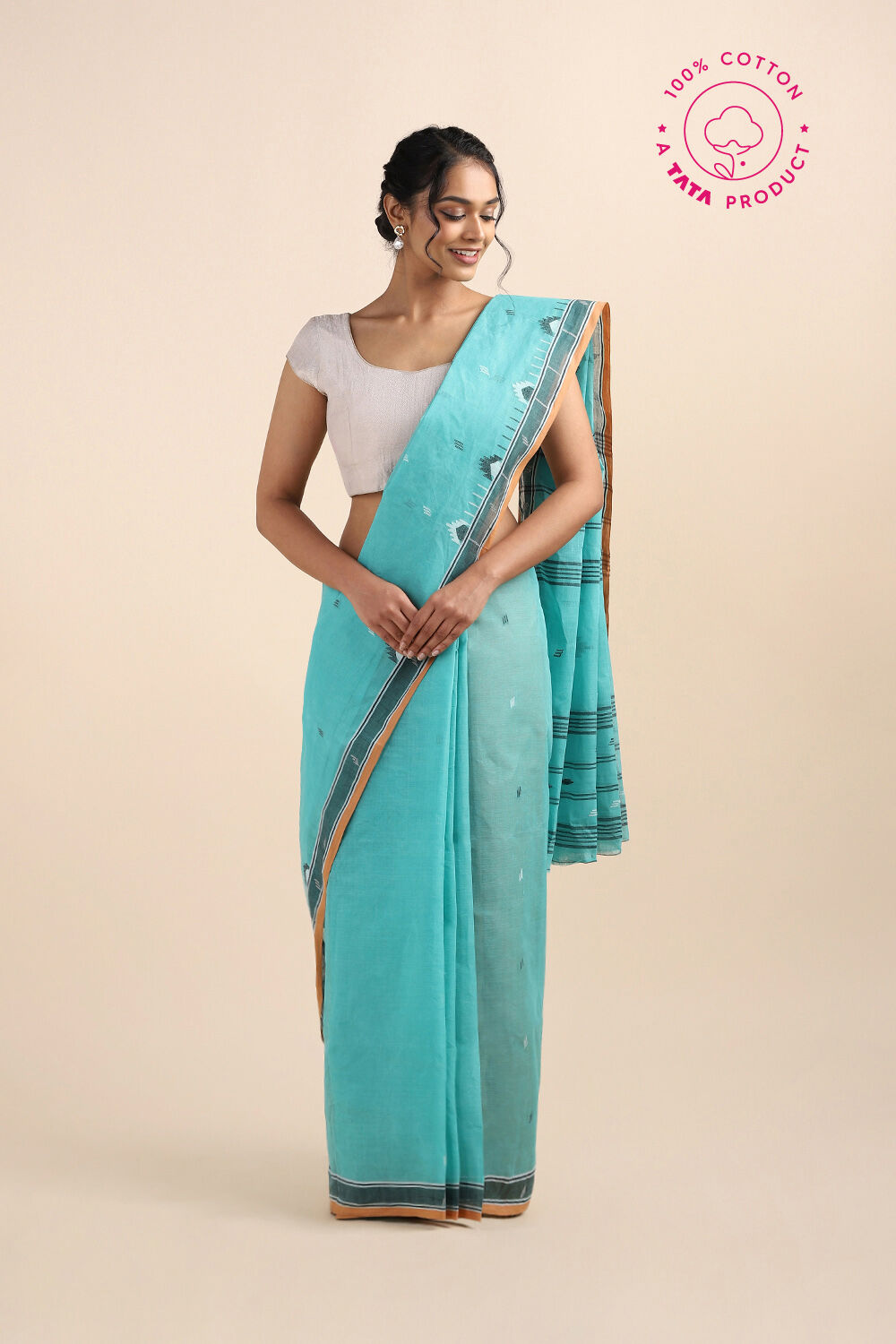 Light Blue Pure Cotton Bengal Saree image number null