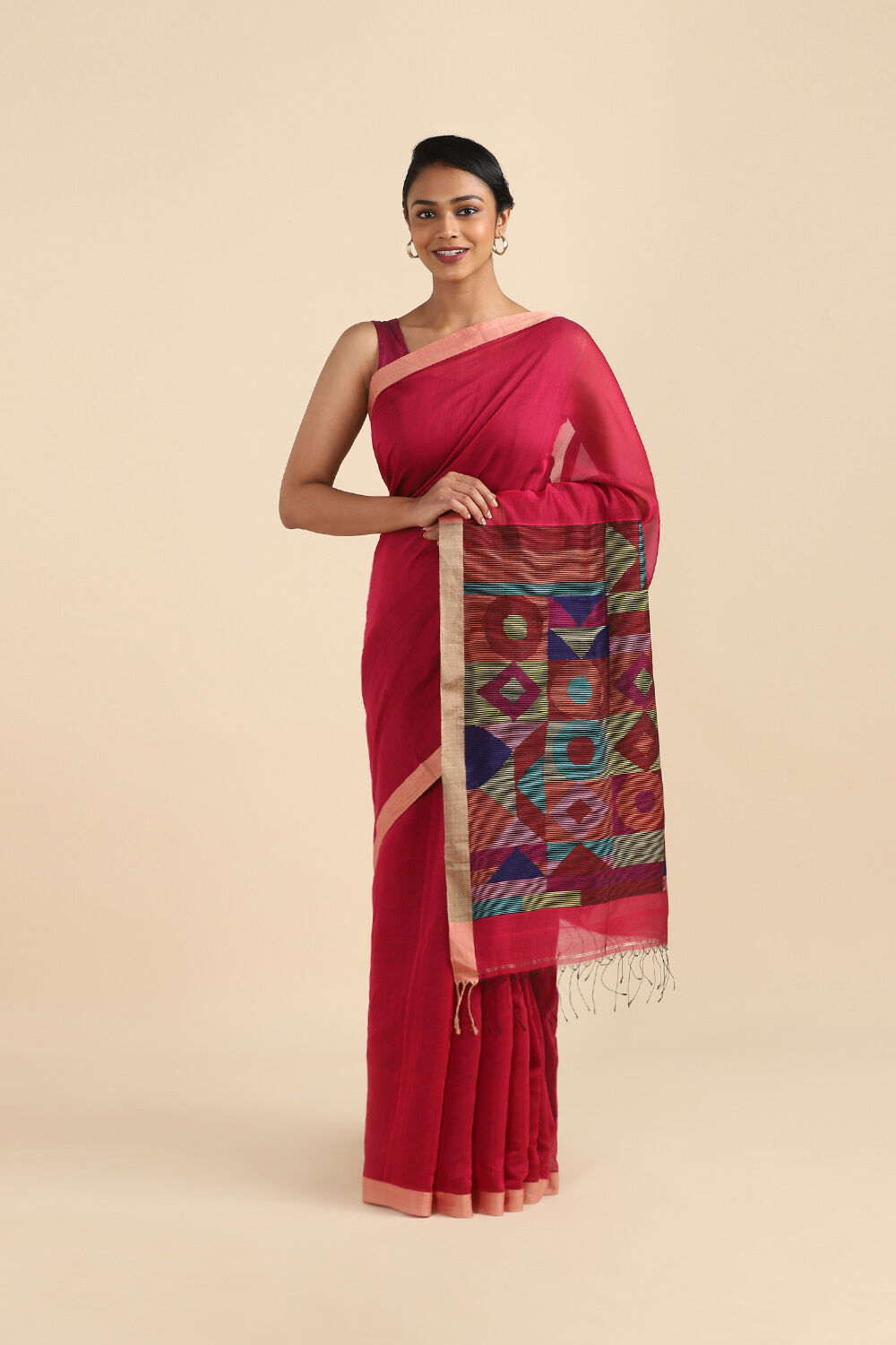 Pink Pure Silk Cotton Jamdani Saree image number null