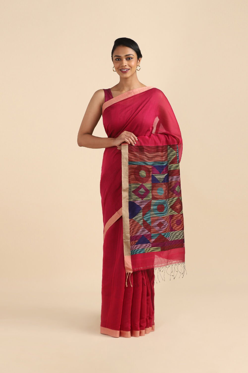 Pink Pure Silk Cotton Jamdani Saree image number null