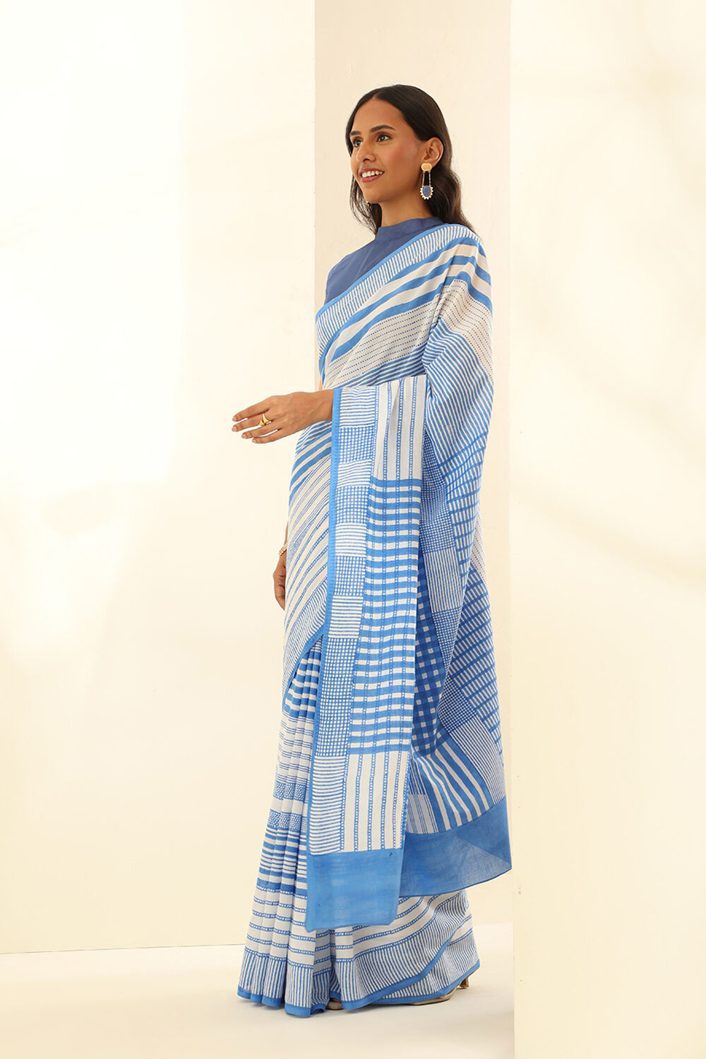Blue Pure Cotton Bagru Block Printed Saree image number null