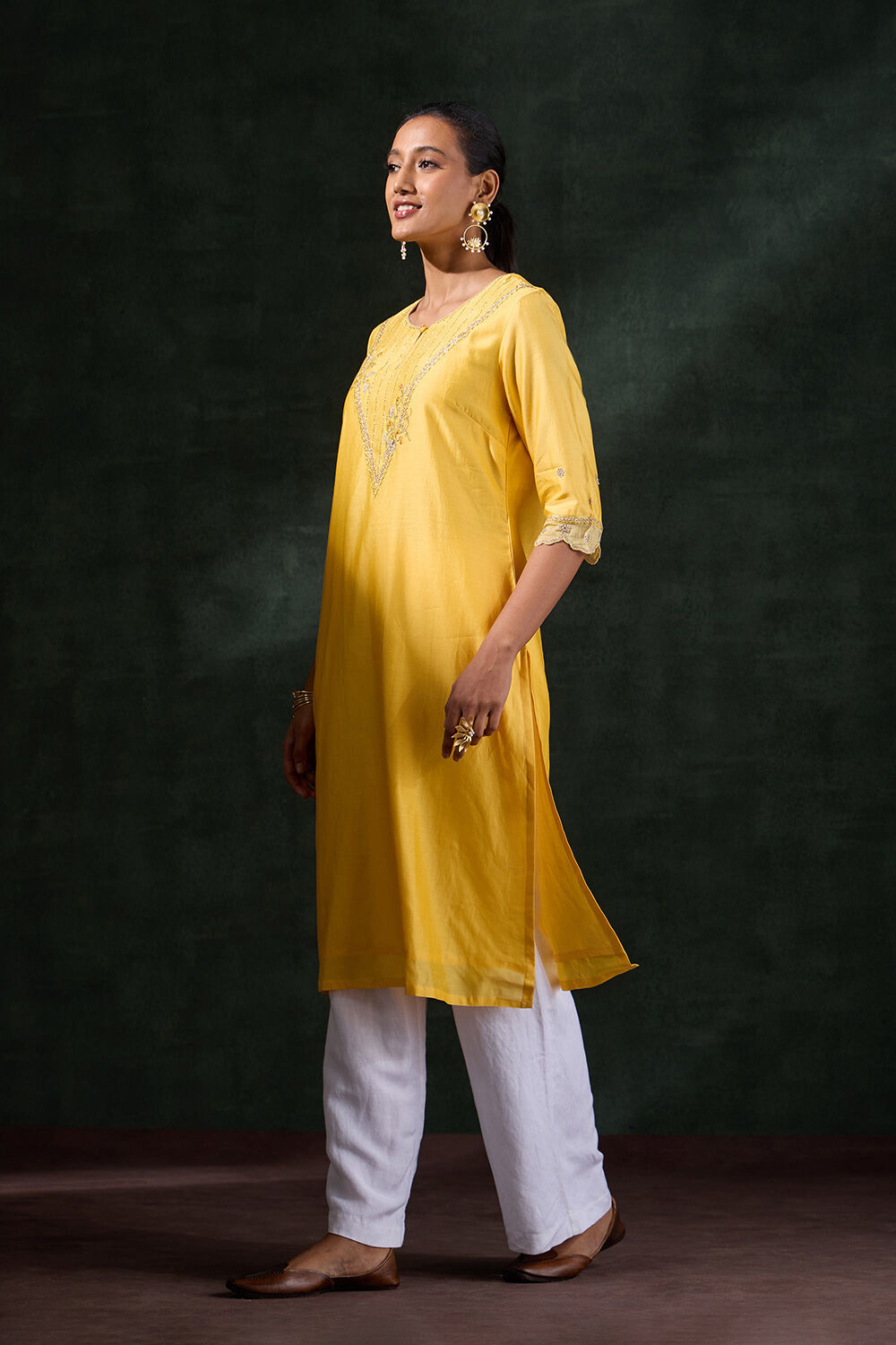 Yellow Pure Silk Cotton Embroidered Kurta image number null