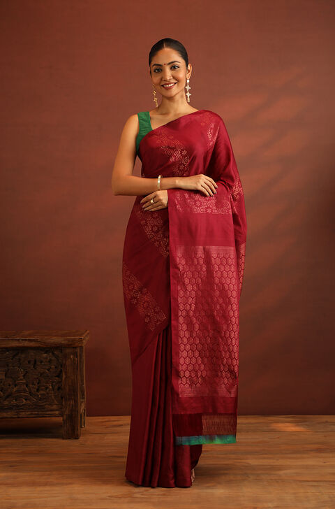 Dark Red Woven Pure Soft Silk Saree