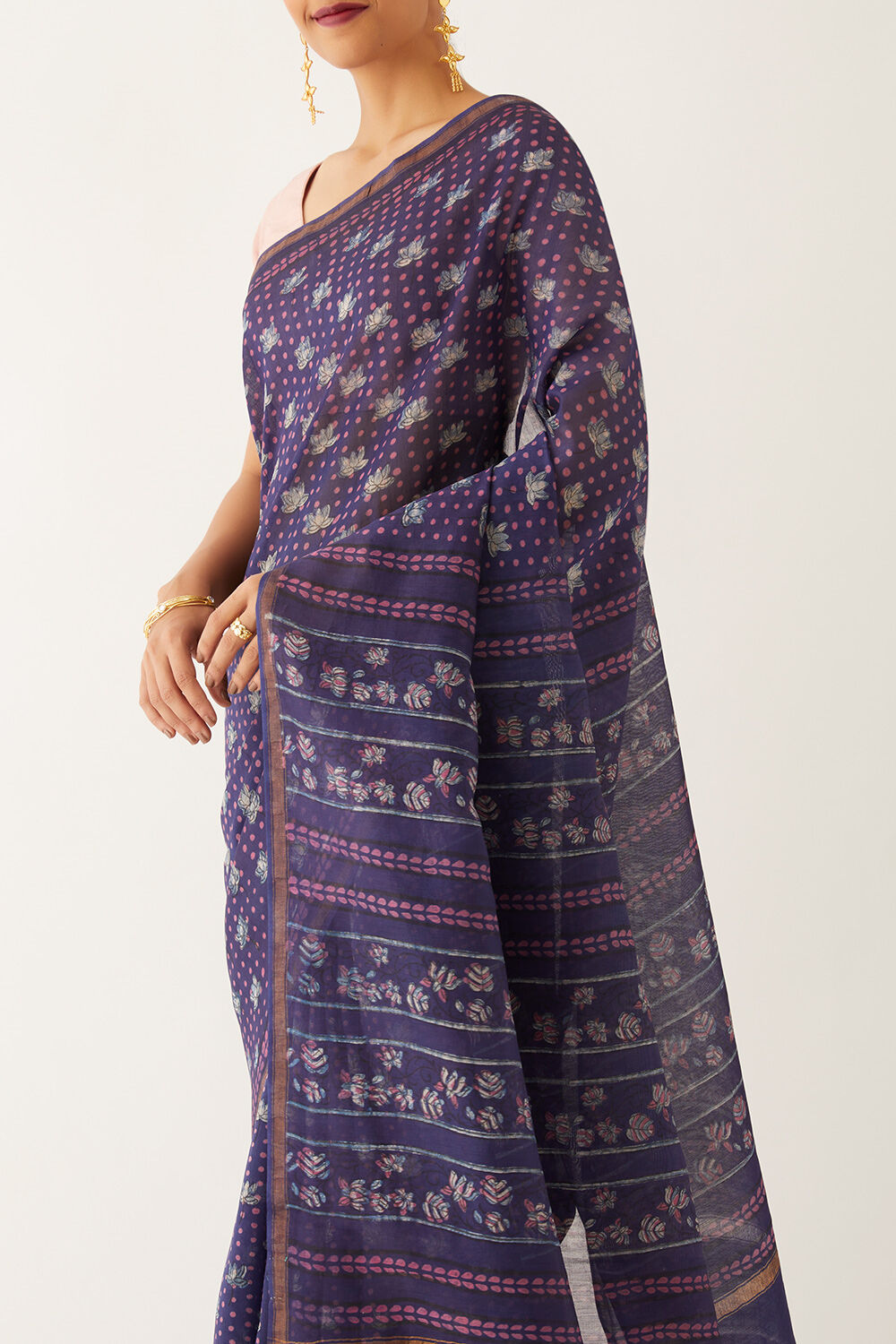 Purple Pure Silk Cotton Bagru Printed Saree image number null