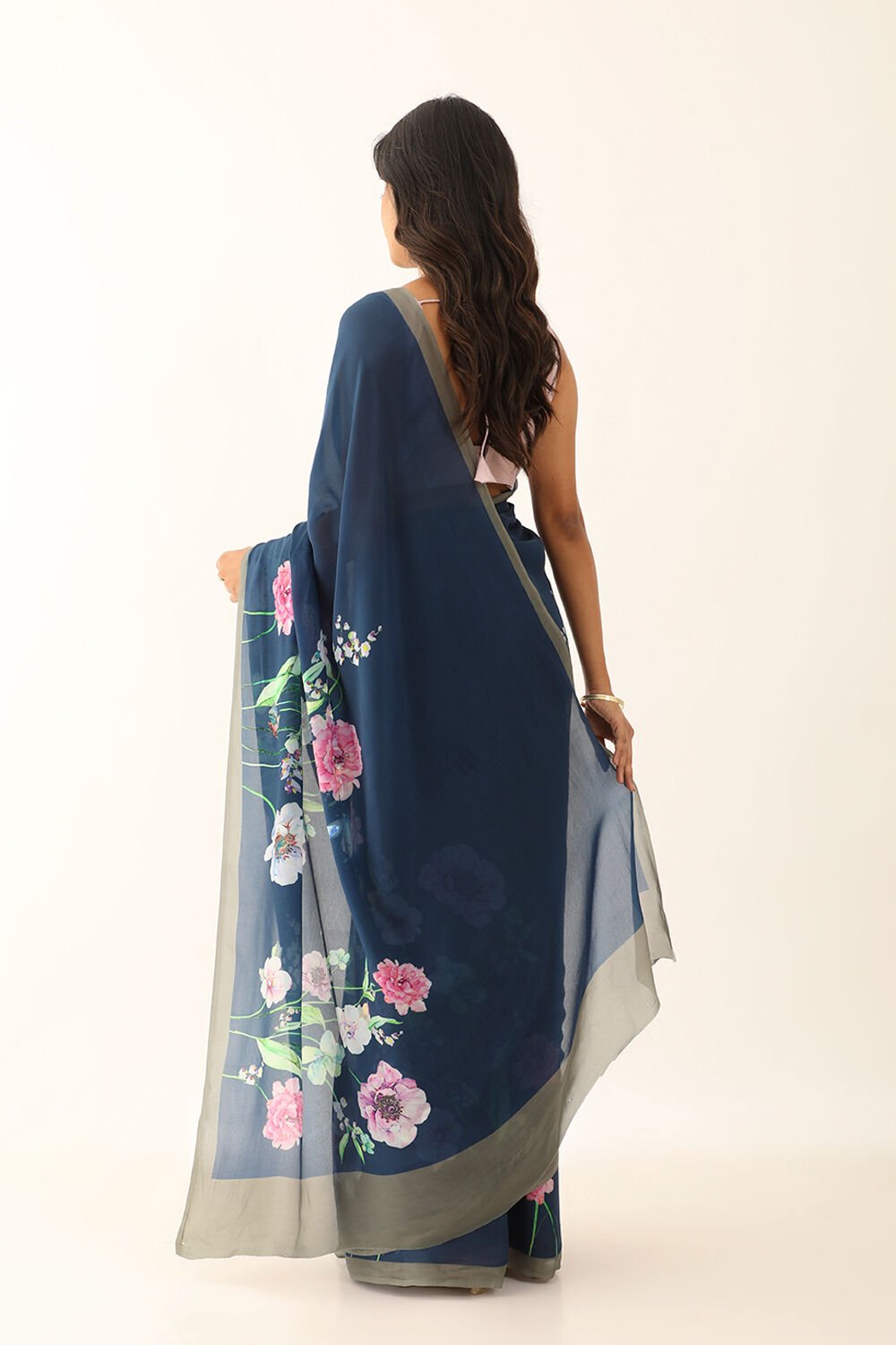 Blue Viscose Crepe Digital Print Saree image number null