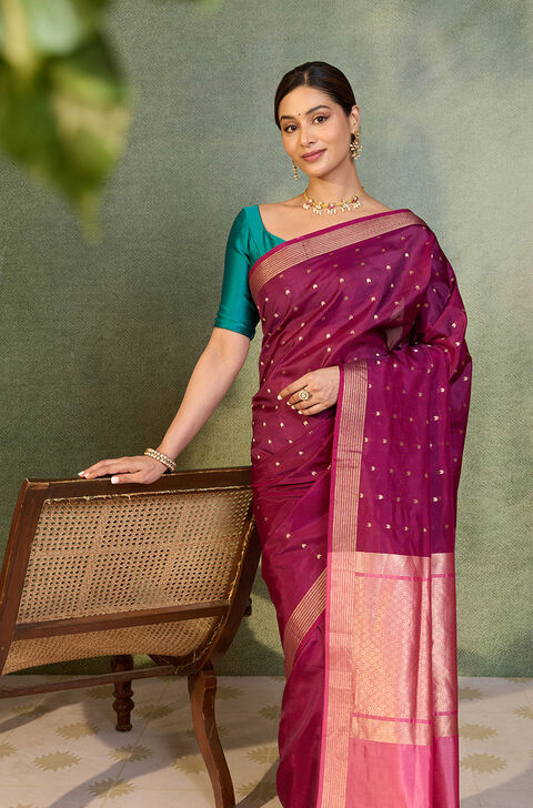 Dark Violet Silk Viscose Cutwork Banaras  Saree