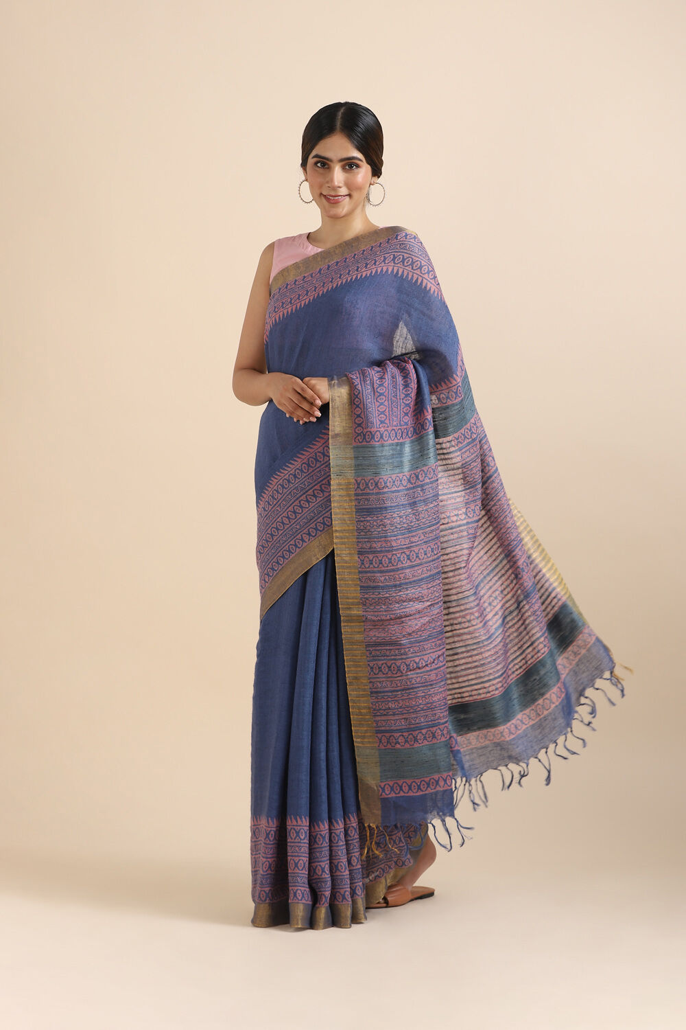 Dark Pure Blue Linen Printed Saree image number null