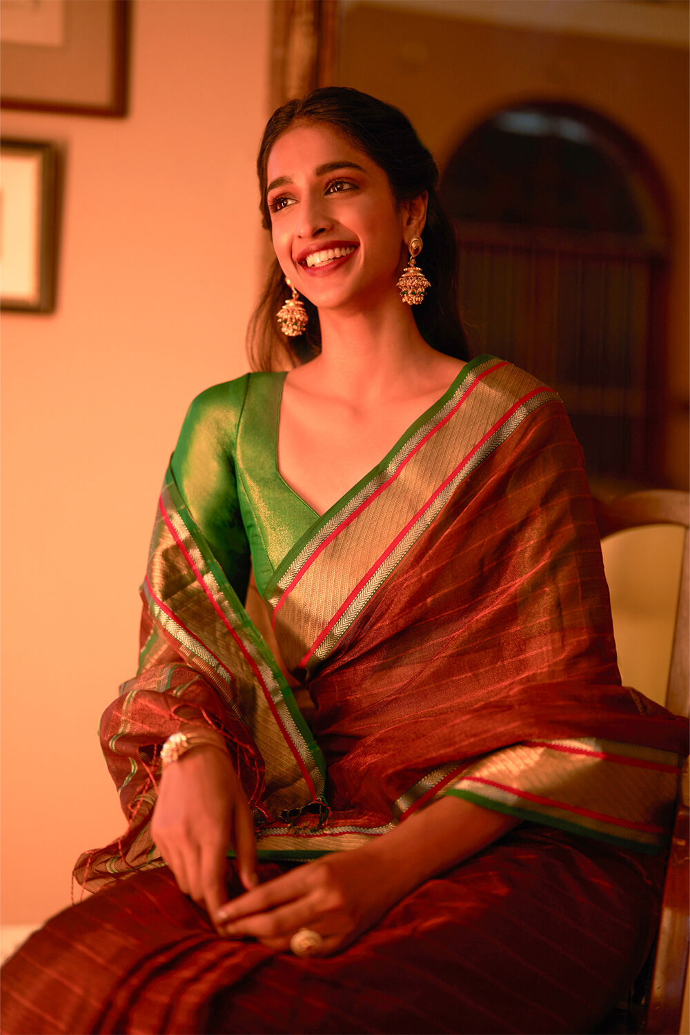 Brown Woven Pure Tissue Cotton Maheshwari Saree image number null