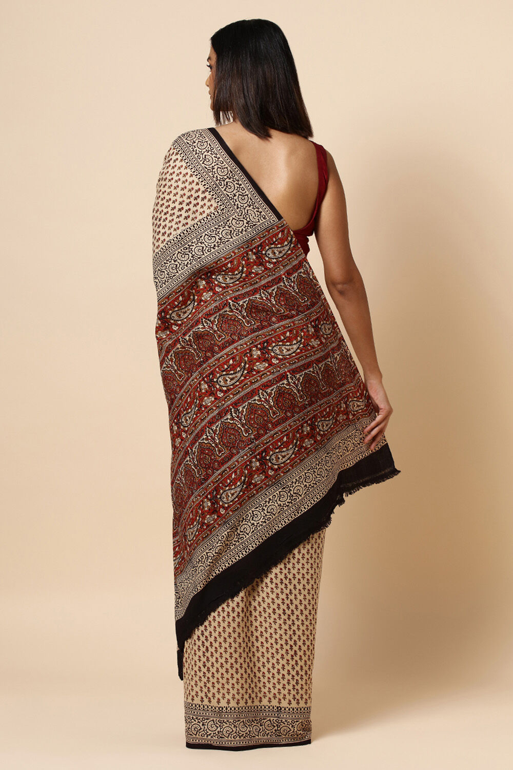 Beige Pure Khadi Cotton Bagru Printed Saree image number null