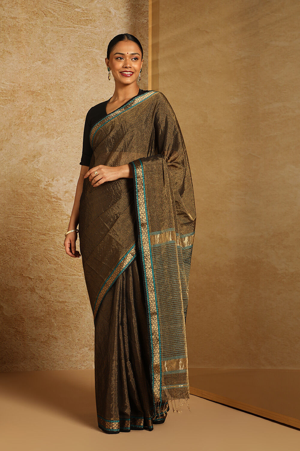 Black Pure Cotton Tissue Woven Maheshwari Saree image number null
