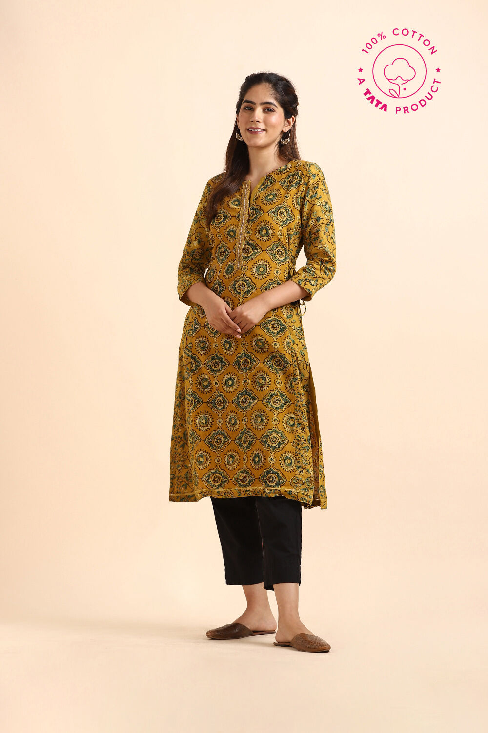Yellow Ajrakh Block Printed Cotton Kurta image number null