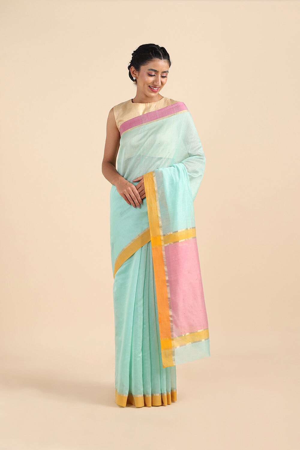 Light Blue Pure Silk Cotton Mukaish Work Saree image number null