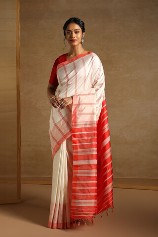 Off White Pure Silk Woven Bengali Saree thumbnail image number null