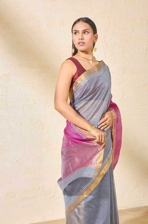 Grey Woven Pure Silk Cotton Chanderi Saree