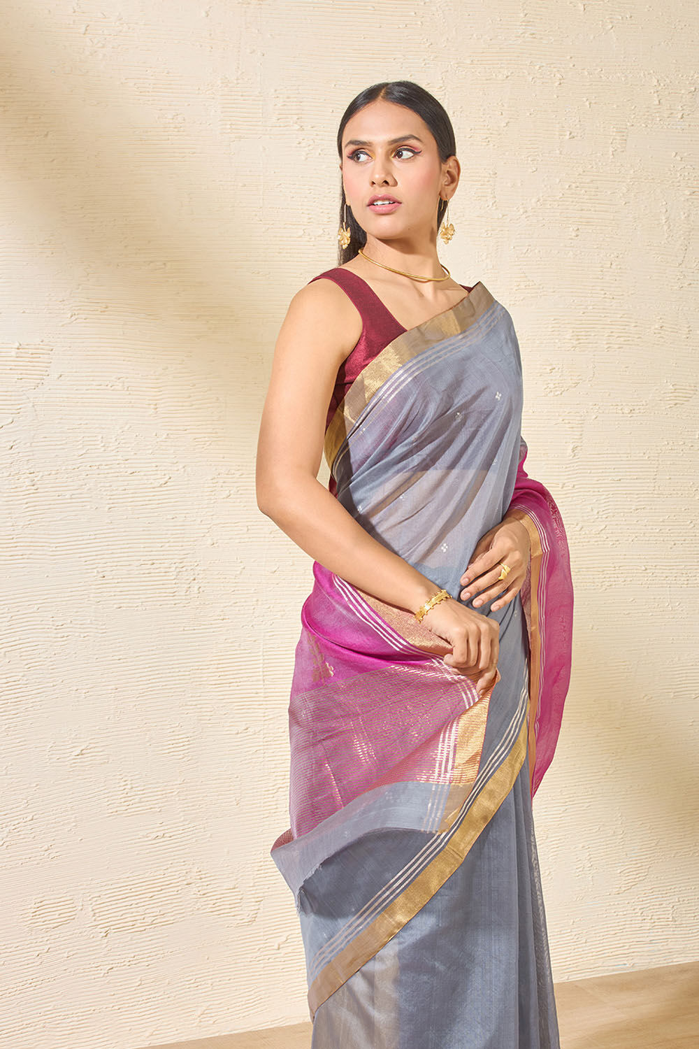 Grey Woven Pure Silk Cotton Chanderi Saree image number null