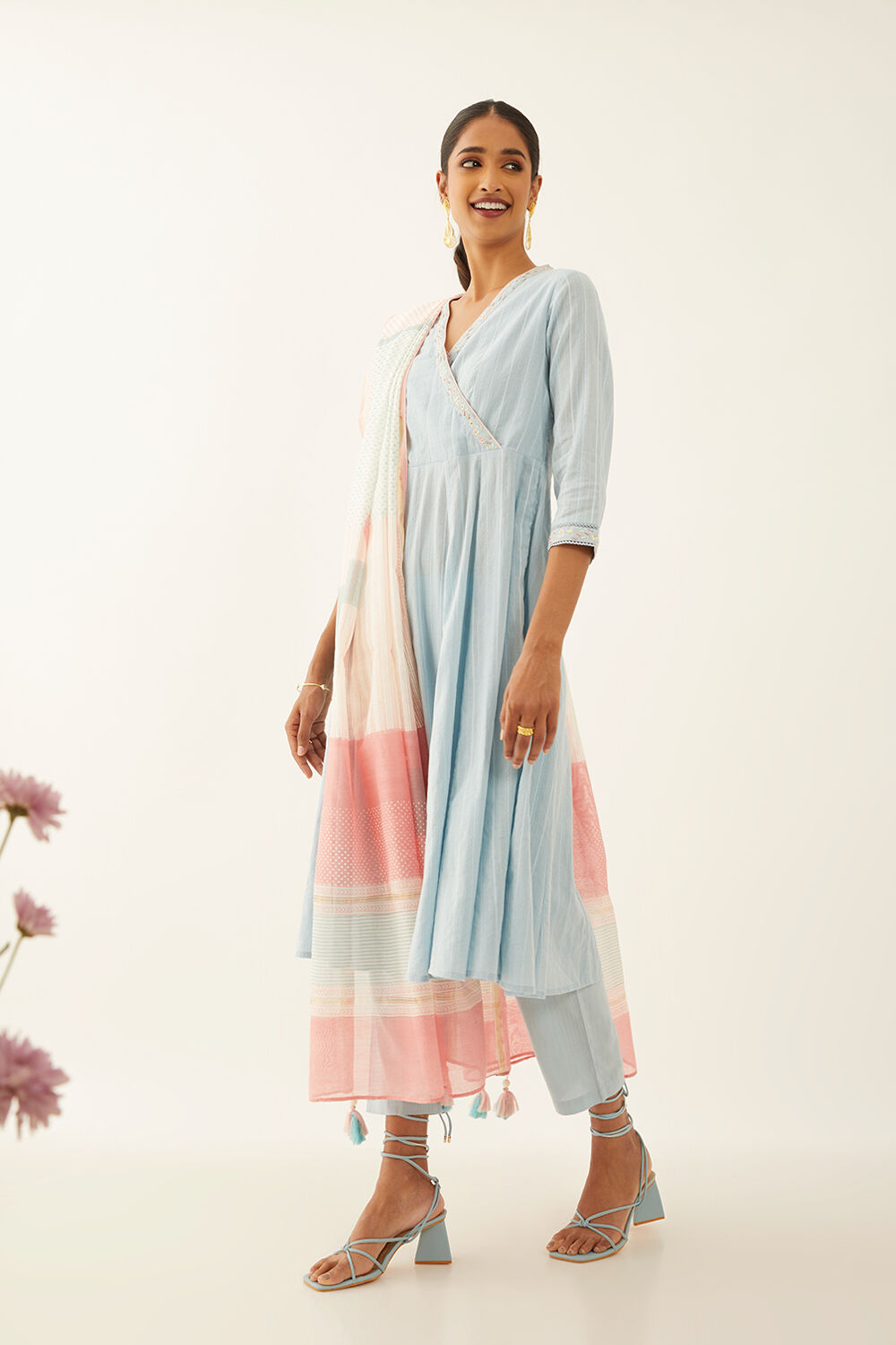 Light Blue Cotton Block Printed Kurta Set image number null