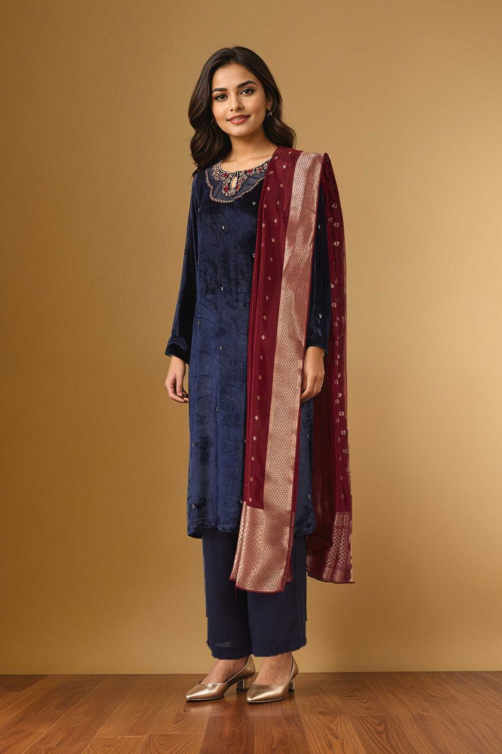 Blue Velvet Embroidered Kurta Set image number null