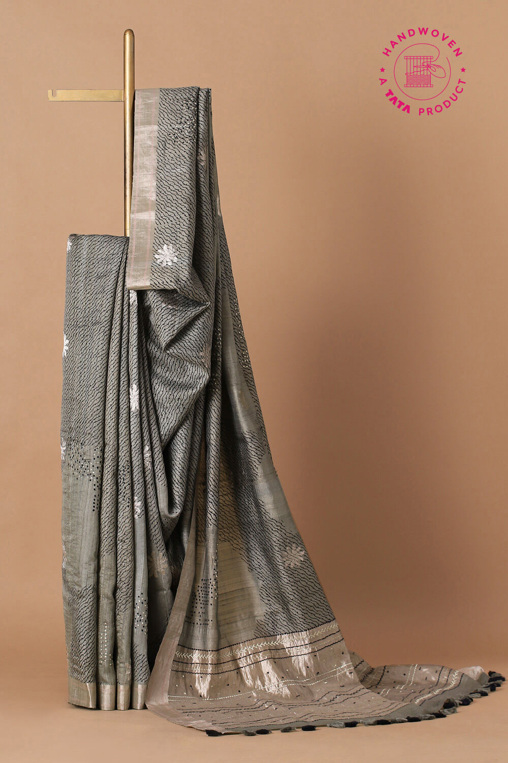 Grey Pure Silk Tussar Chanderi Saree image number null
