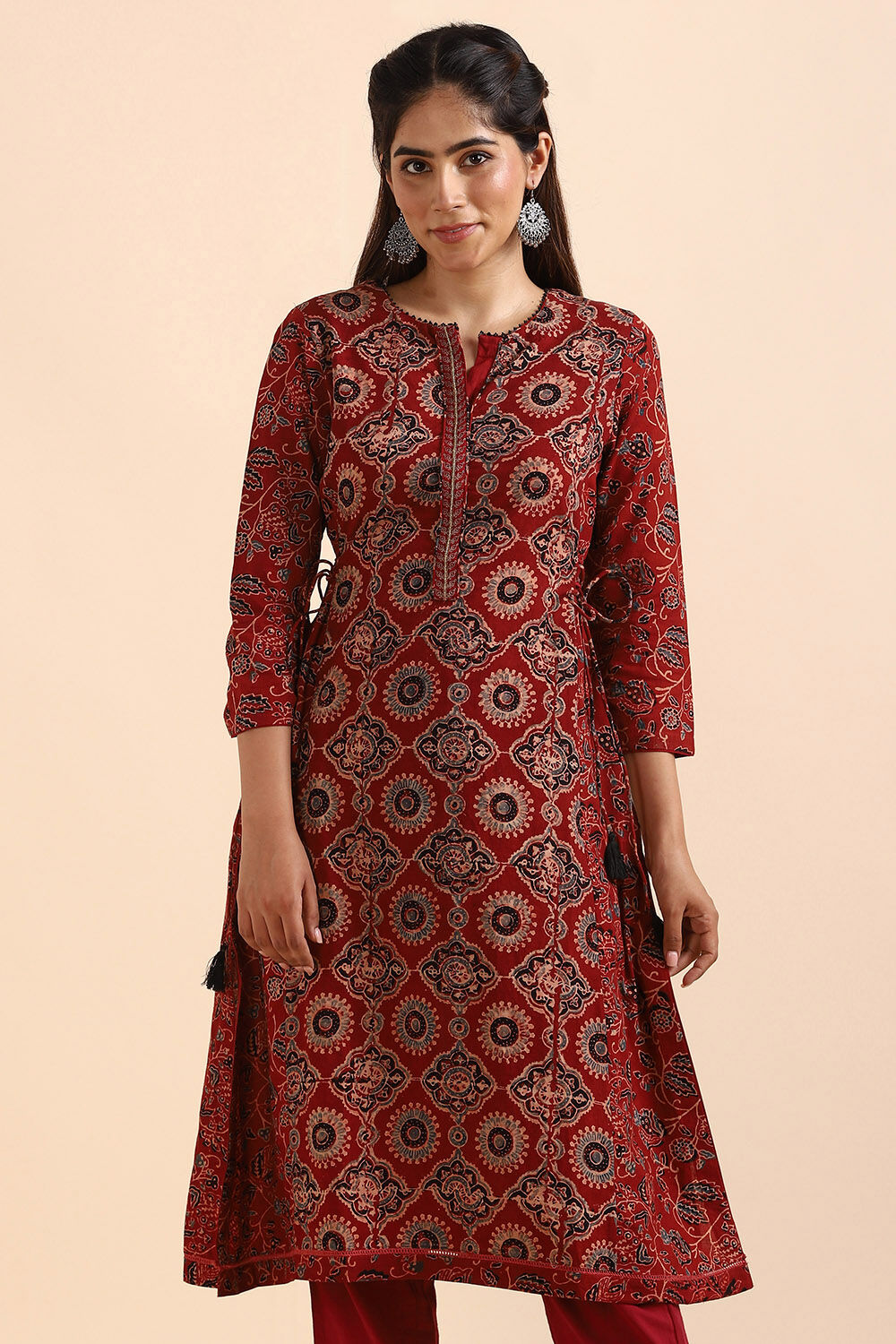 Dark Red Ajrakh Block Printed Cotton Kurta image number null