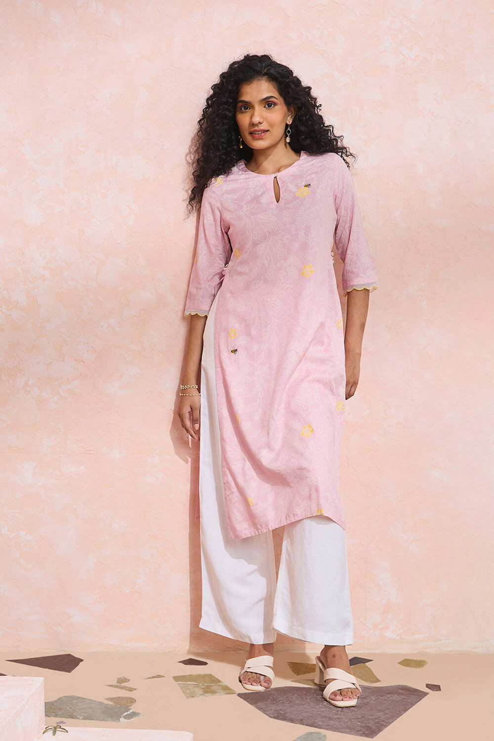 Light Pink Screen Printed Viscose Kurta image number null