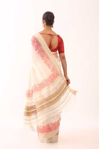 Off White Printed Embroidery Silk Tencel Bengali Saree thumbnail image number null