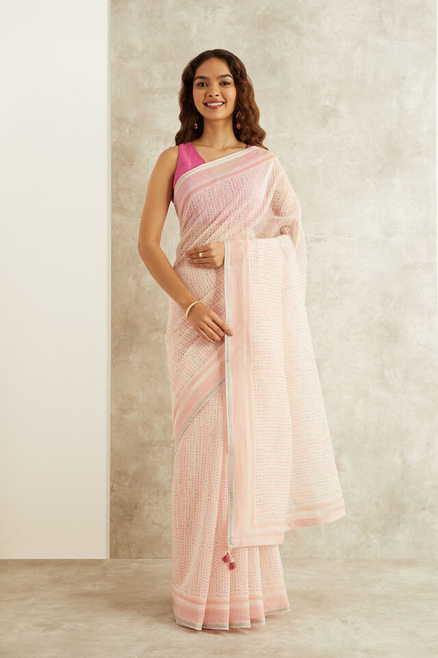 Pink Printed Mukaish Pure Silk Cotton Rajasthan Saree