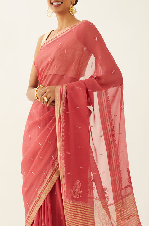 Light Red Pure Chiffon Embroidered Saree