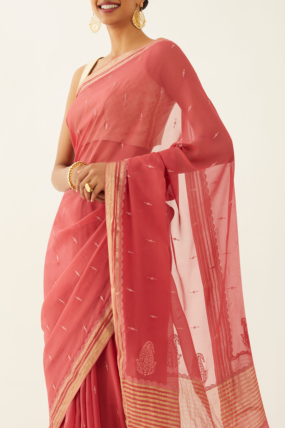 Light Red Pure Chiffon Embroidered Saree image number null