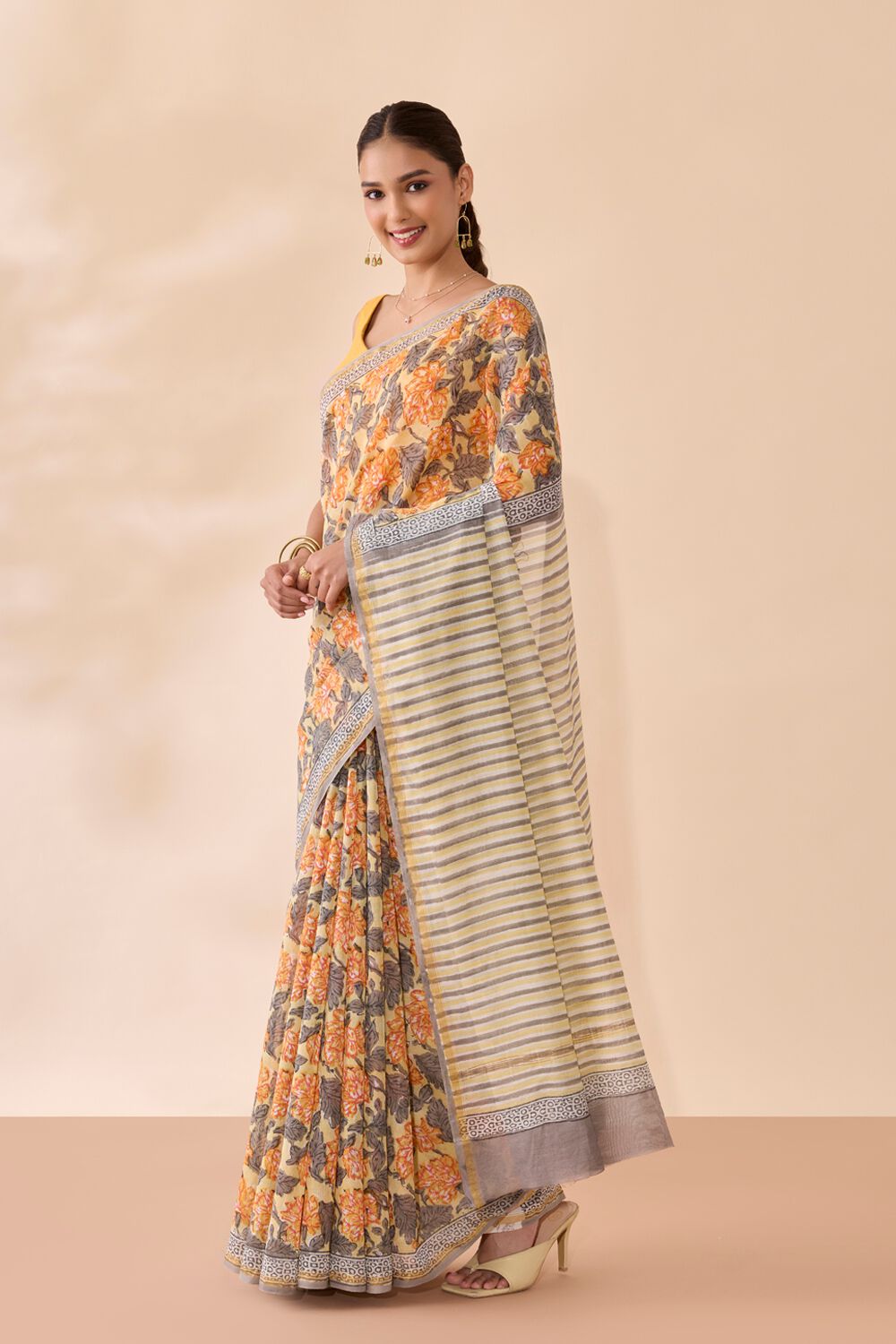 Light Yellow Rajasthan Pure Silk Cotton Printed Sanganeri Saree image number null