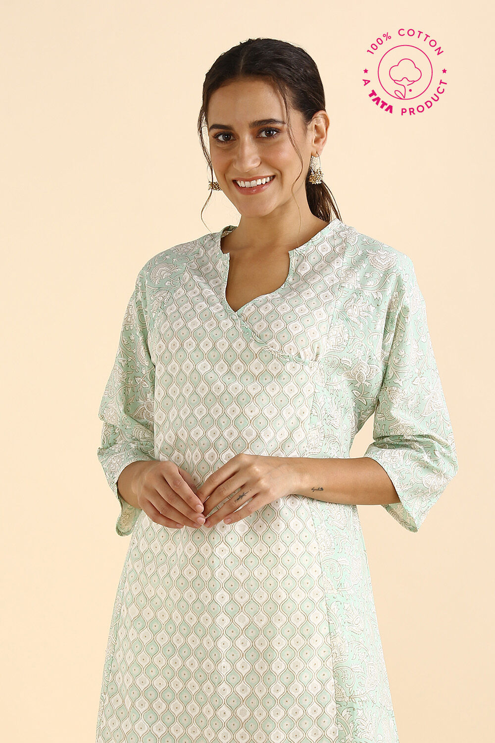 Light Green Sanganeri Block Printed Cotton Kurta image number null