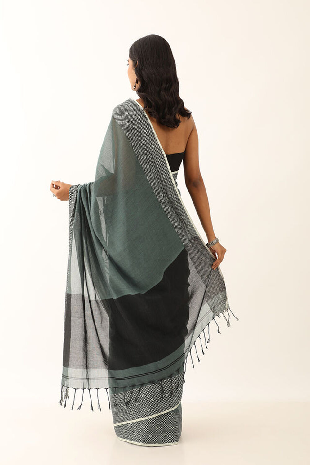 Smoky Green Pure Cotton Woven Bengali Saree image number null
