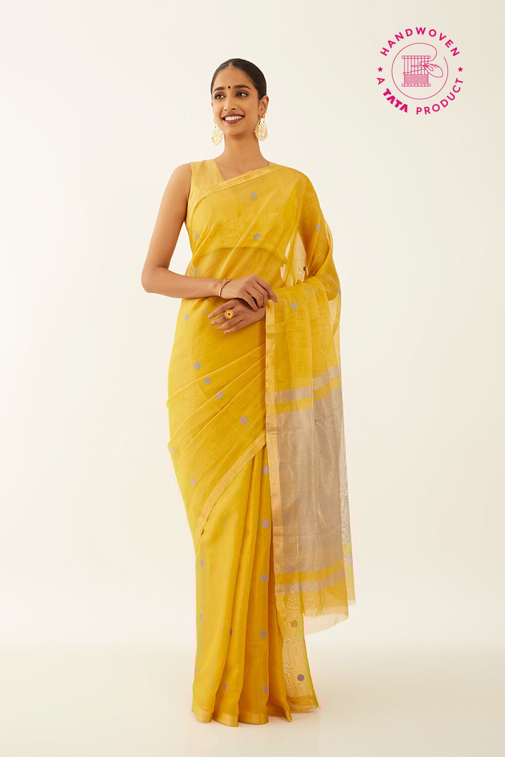 Yellow Pure Cotton Tissue Chanderi Saree image number null