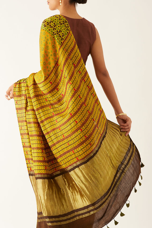 Yellow Pure Silk Ajrakh Printed Saree