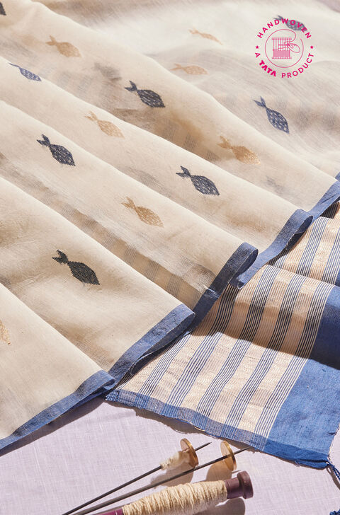 Off White Silk Khadi Cotton Bengal Jamdani Saree
