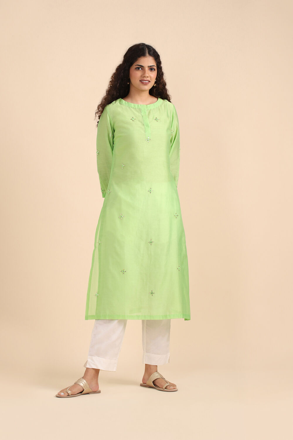 Light Green Silk Cotton Embroidered Kurta image number null