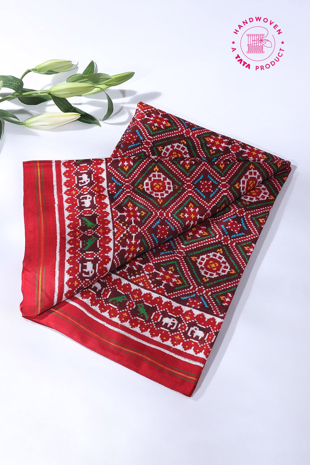 Red Pure Silk Patan Patola Jhoomar Bhat Saree image number null