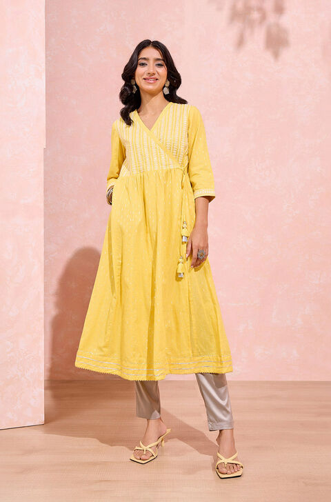 Yellow Pure Cotton Embroidered Kurta