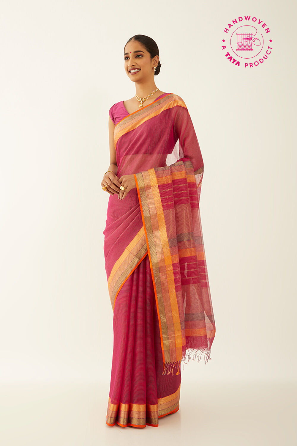 Dark Pink Pure Cotton Tissue Maheshwari Saree image number null