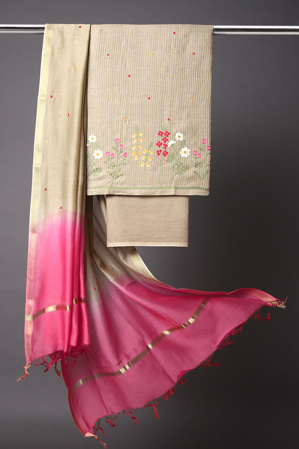 Brown Green Embroidered Tussar Suit image number null