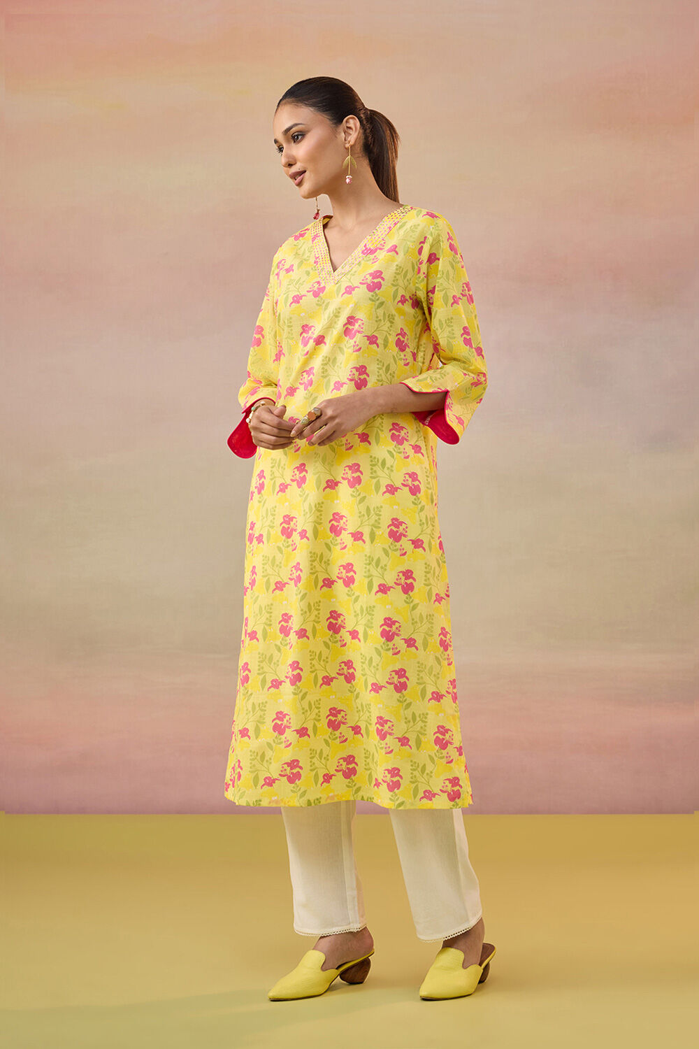 Yellow Screen Printed  Pure Cotton Kurta image number null
