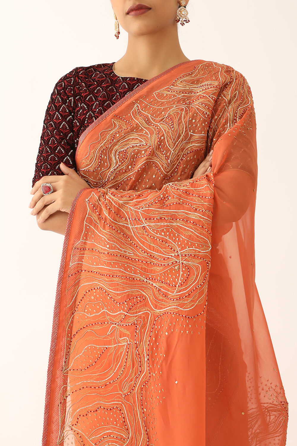 Orange Silk Viscose Embroidery Saree image number null