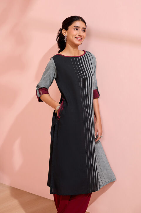 Black Woven Pure Cotton Kurta