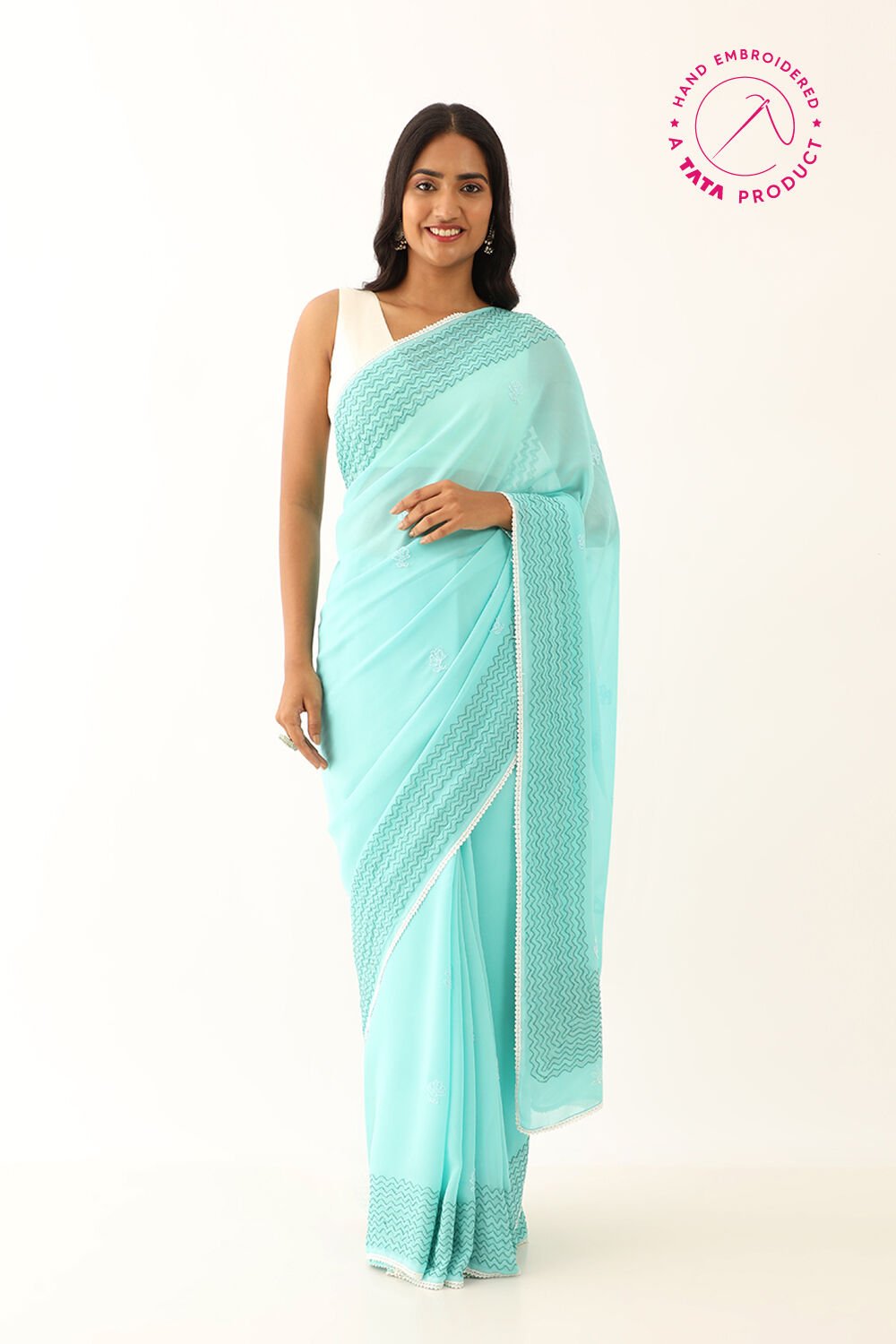 Green Pure Silk Georgette Lucknow Chikankari Saree image number null
