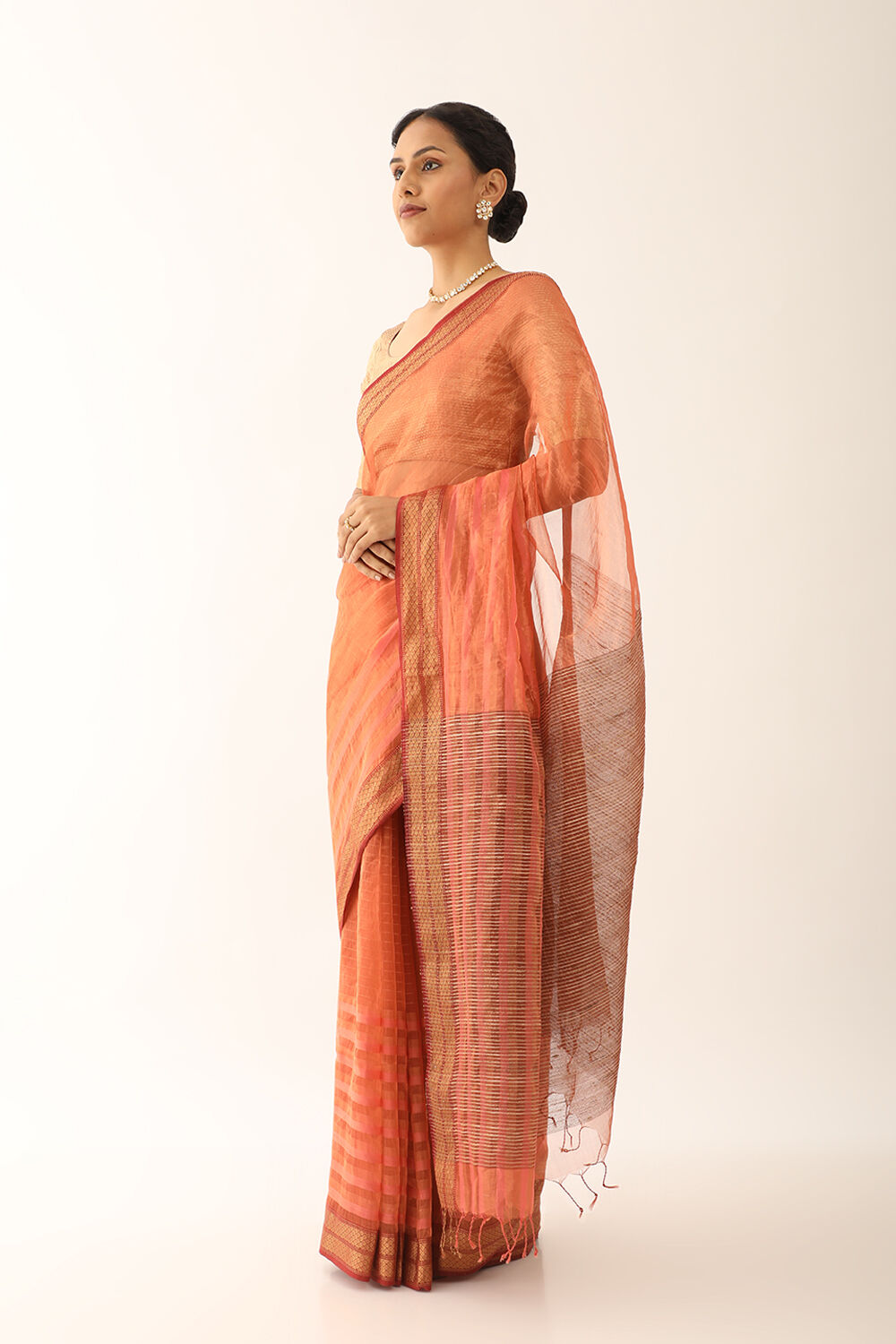Orange Woven Pure Silk Tissue Maheswari Saree image number null