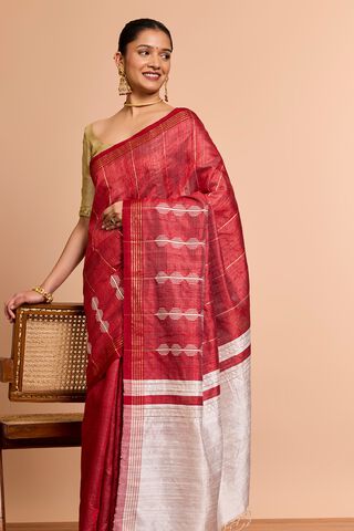 Red Bhagalpur Woven Pure Tussar Silk Saree