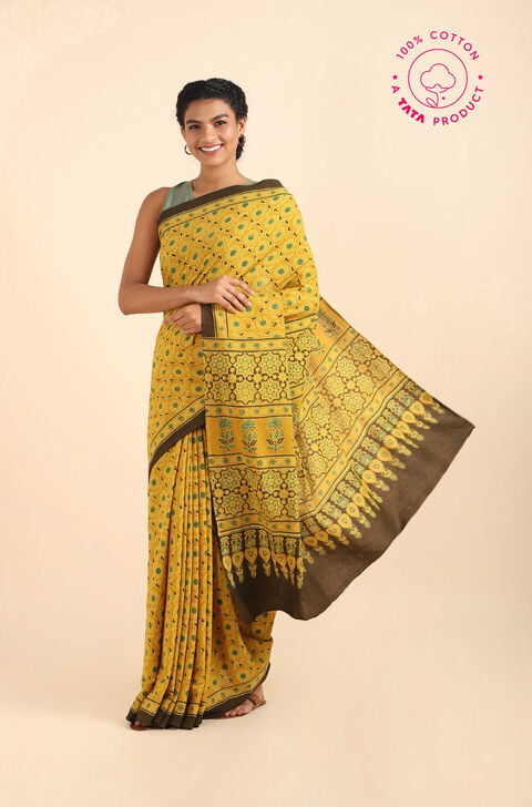 Yellow Pure Cotton Ajrakh Printed Saree