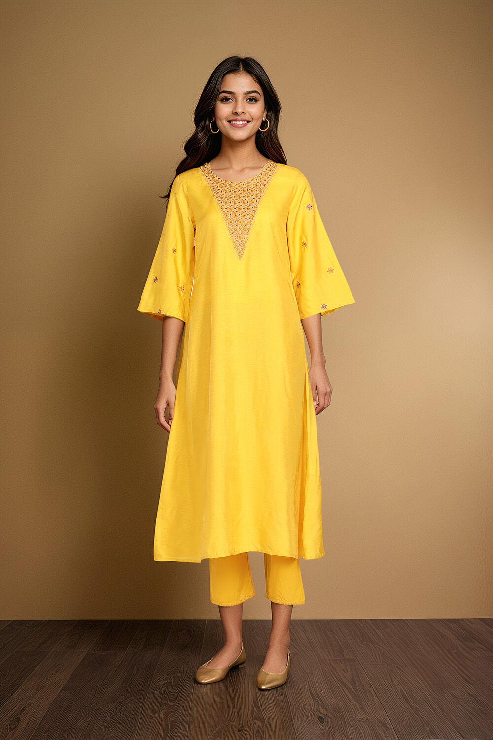 Yellow Embroidery Viscose Cotton Kurta Set image number null